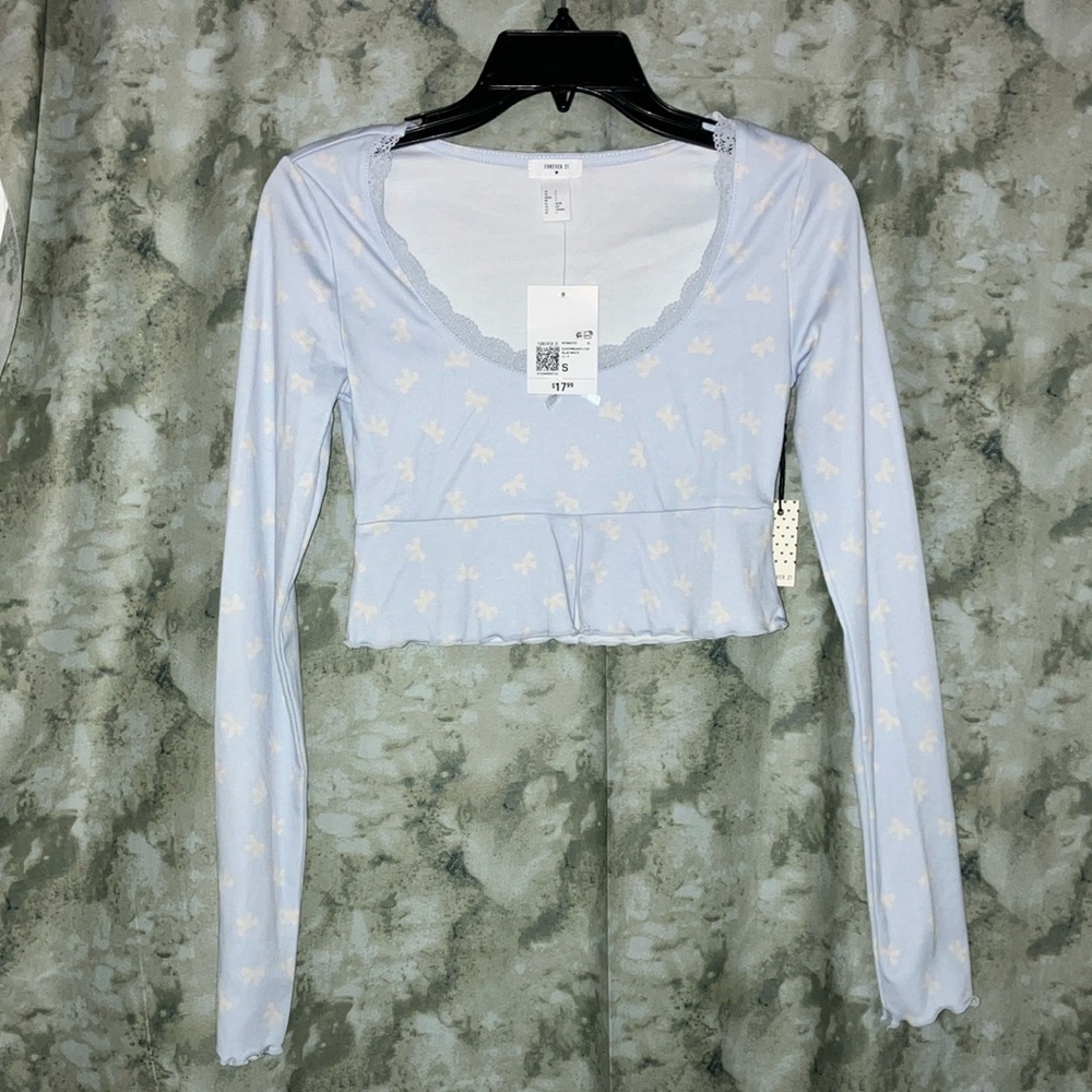 Women's Light Blue Bow Long Sleeve Top